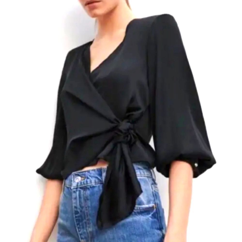 Zara Wrap Top Black With Pearl Cuff Buttons, Medium